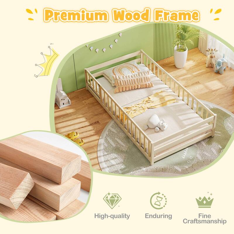 Costway Twin Size Floor Bed with Door & Fence with Safety Guardrails &