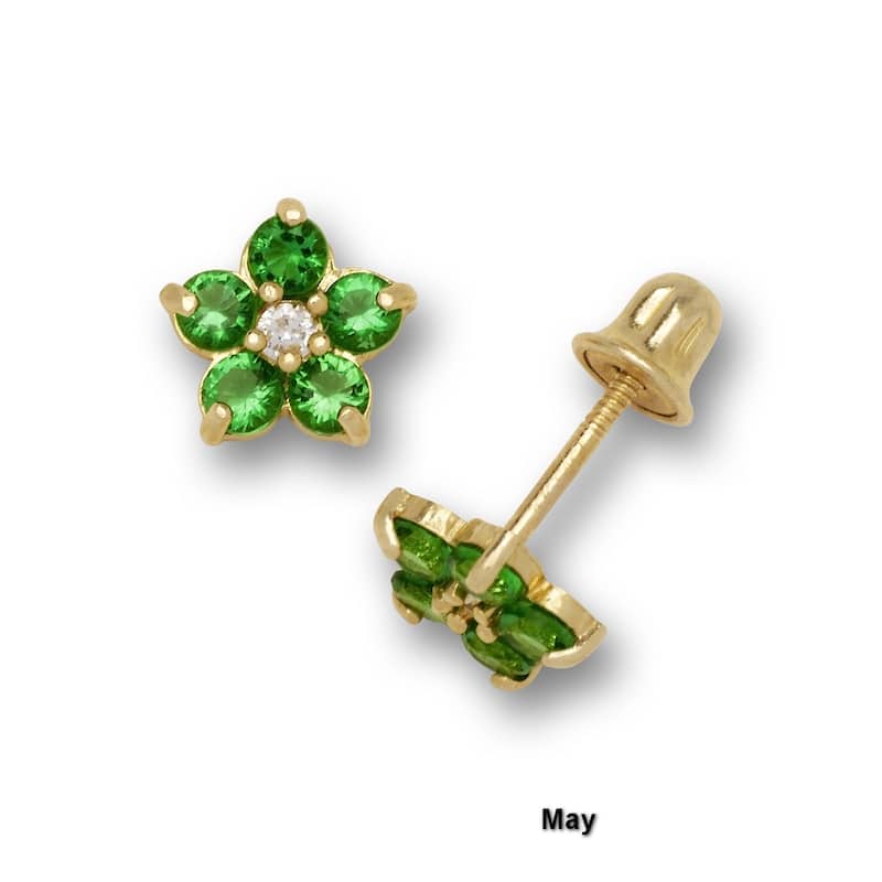 14K Yellow Gold Cubic Zircornia Small Flower Birthstone Screw-back Stud Earrings (12 colors) (5mm)
