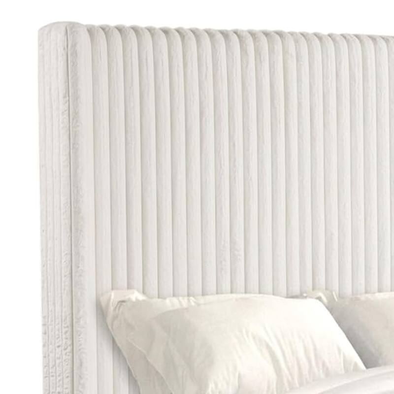 Wolo King Size Bed, White Channel Tufted Fur Chenille Upholstery