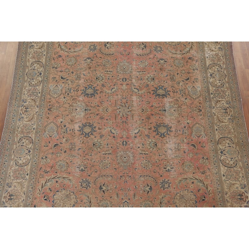 Hand Knotted Oriental 100% Wool Carpet Traditional All-Over Coral Tabriz Area Rug - 12' 6'' X 9' 2''