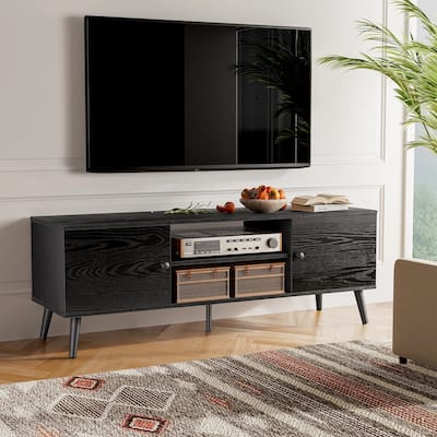 TV Stand, Mid Century Modern TV Stand for 55/60 inch TV, Farmhouse TV Stand, Entertainment Center for Living Room