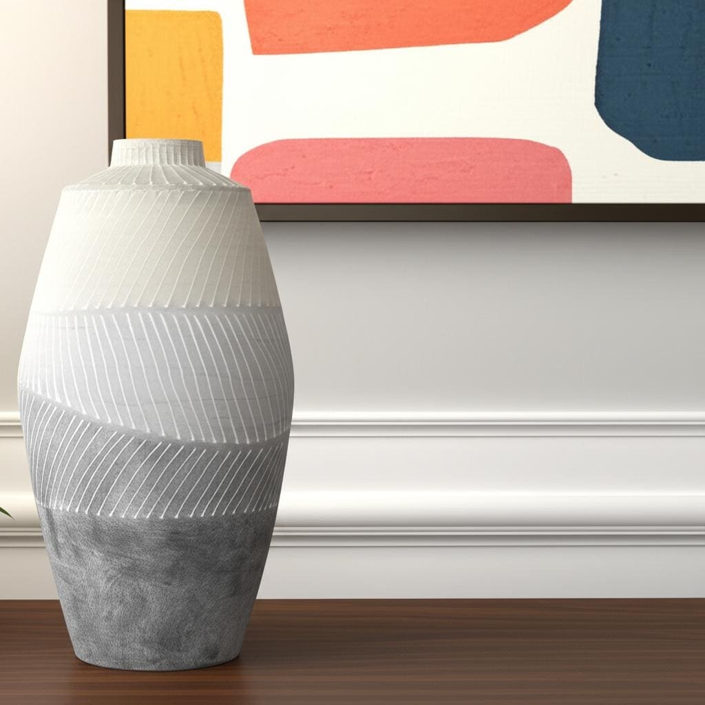 17" Cream And Gray Geometric Ceramic Table Vase - 8.27