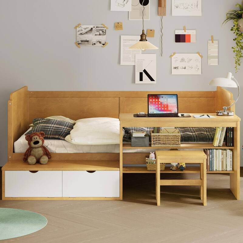 Multi-functional Wooden Daybed with Storage Shelves, Study Desk, Lockers, and Matching Stool - Natural - Twin