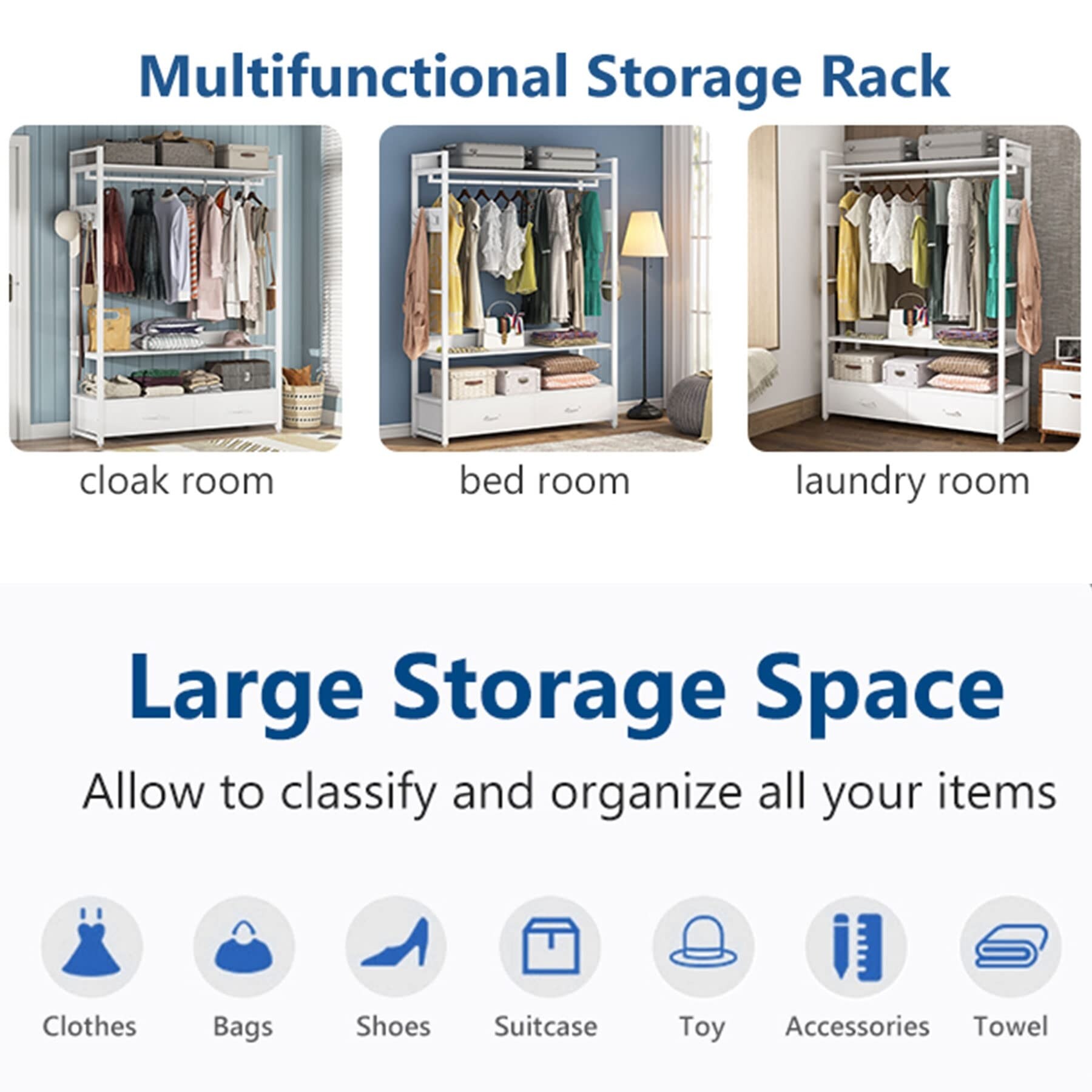Freestanding Closet Organizer Garment Rack with 2 Drawers and Storage Shelves