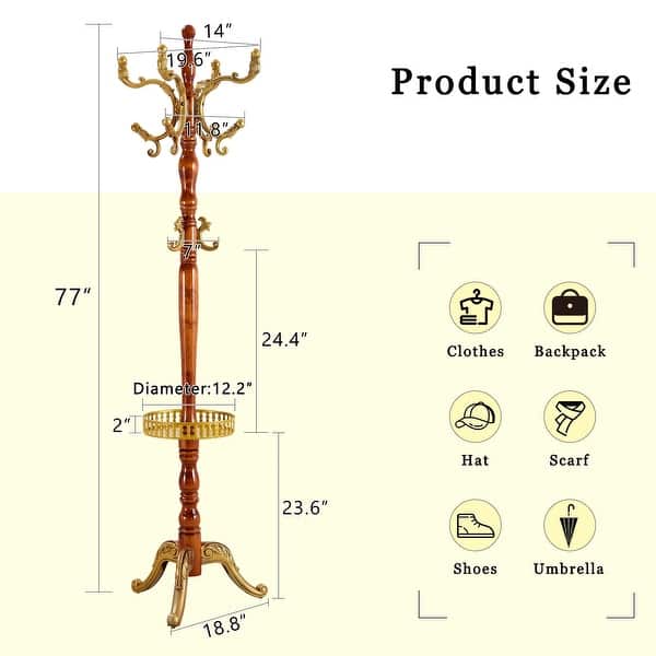 dimension image slide 0 of 2, Roomfitters Solid Wood Coat Rack with Stainless Steel Hooks, Modern Hanger with Key Tray and Hat Storage