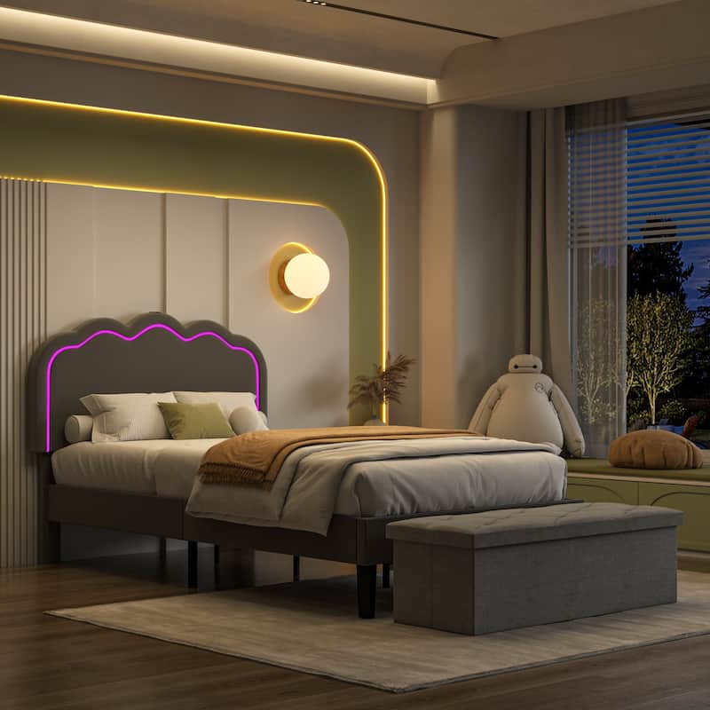 VECELO Upholstered Bed Frames with Headboard & LED Lights and Storage Ottoman (Set of 2),Bedroom Set