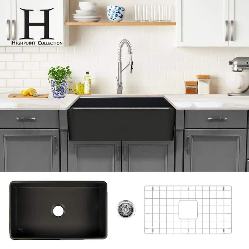 Highpoint Collection Grey 30-inch Single Bowl Fireclay Farmhouse Kitchen Sink - 30.25 x 18 x 10