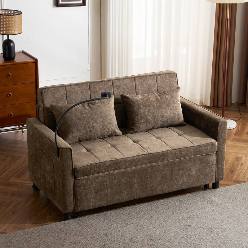 Roomfitters Loveseat Pull-Out Sofa Bed with Reversible Backrest Cushion, Side Pockets, USB Ports, and Phone Holder