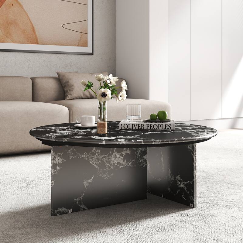 Modern Round Faux Marble Coffee Table, 33.46" Circle Center Table Tea Table for Living Room. - Black