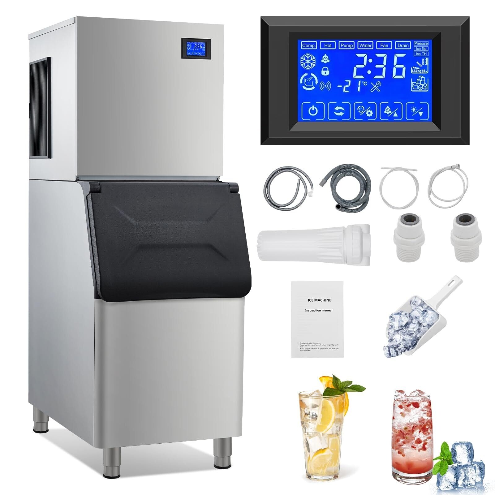 thumbnail image 2 of LifePlus Commercial Ice Maker Machine 100Lbs/24H, Stainless Steel Under Counter Ice Machine With Large Storage Bin 45 Ice Cubes Cycle 2 Way Water 2 of 12