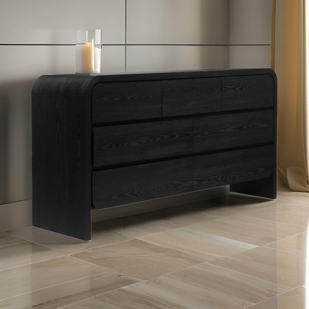 Cave 68 Inch Dresser, 7 Drawers, Modern Curved Side Panels, Black Wood