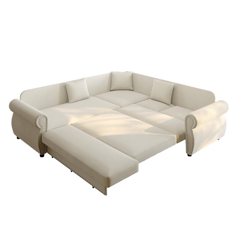 88.2" L-Shaped Sleeper Sectional Sofa with Pull-Out Bed - Chenille Convertible Couch, Nailhead Trim, for Living Room