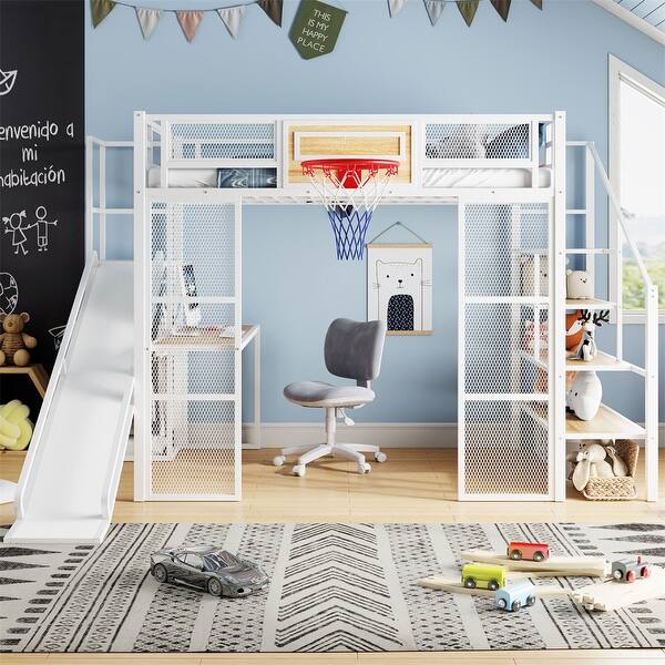 slide 2 of 8, Full Size Metal Loft bed w/Built-in Desk,Open Wardrobe,Basketball Hoop