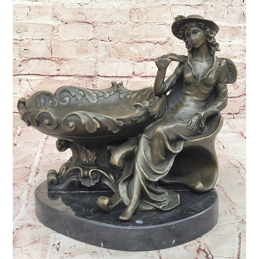 Elegant Lady With Hat Beside Ornate Dish Bronze Sculpture - Vintage Victorian Style Decorative Art