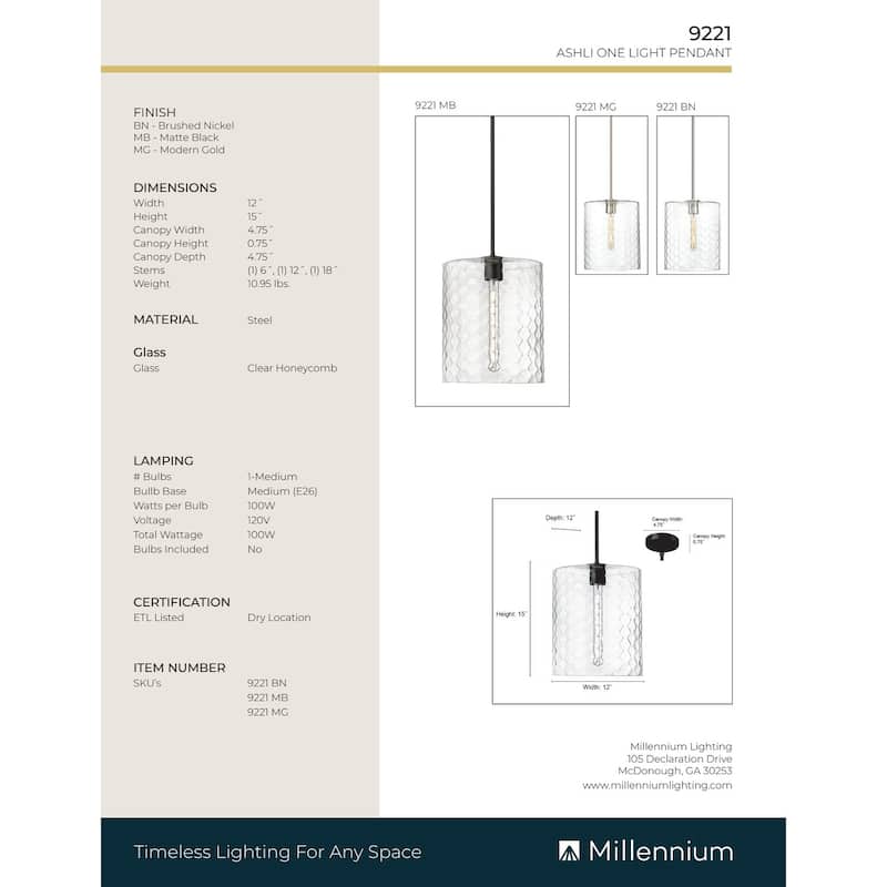Millennium Lighting Ashli 1 Light Pendant Fixture - 15 Inch