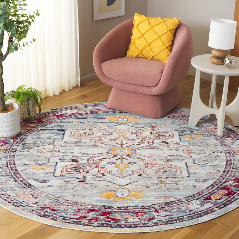 SAFAVIEH Crystal Marsilia Vintage Boho Oriental Rug - 7' Round - Light Blue/Red