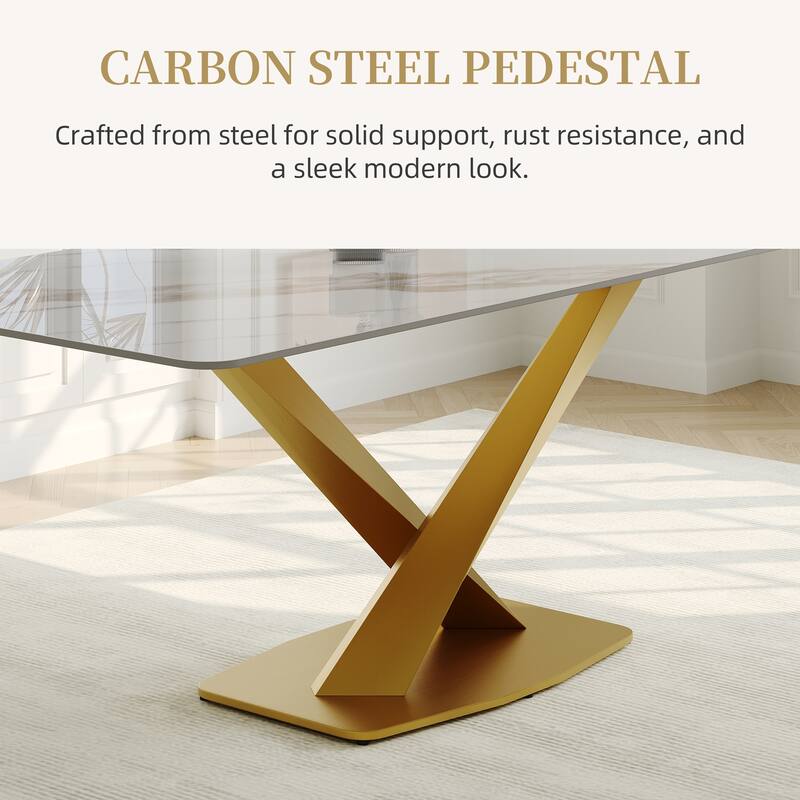 Modern Rectangular Dining table with Glossy Sintered Stone Table top, White Kitchen Table with Stainless Steel Legs