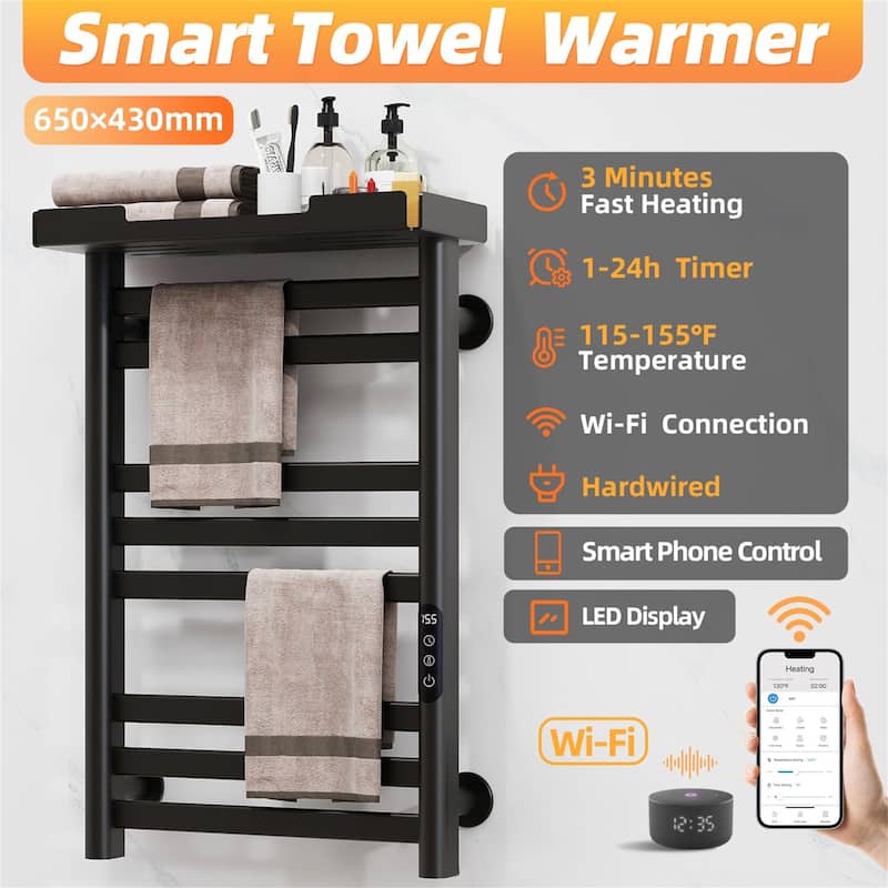 Heated Towel Rack with Shelf and Wi-Fi App Control