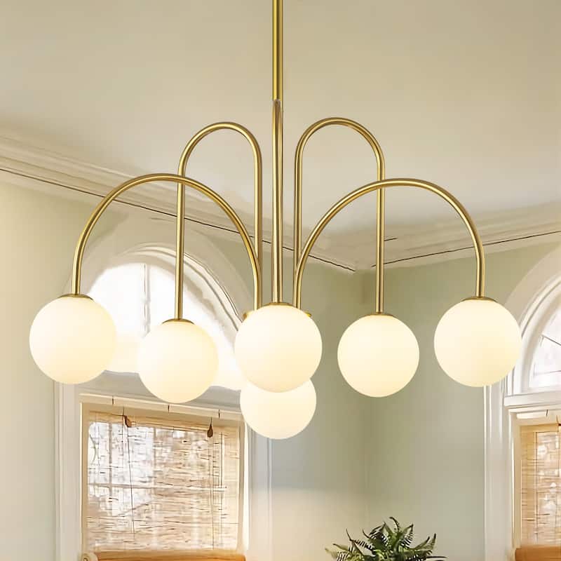 6-Light Black/ Gold Modern Cluster Sputnik Frosted Opal Glass Globe Bubble Chandelier - 30.7 in. W x 16.5 in. H