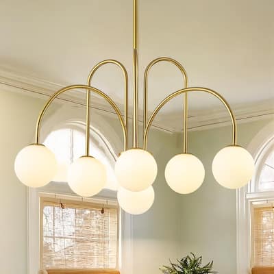 6-Light Black/ Gold Modern Cluster Sputnik Frosted Opal Glass Globe Bubble Chandelier - 30.7 in. W x 16.5 in. H