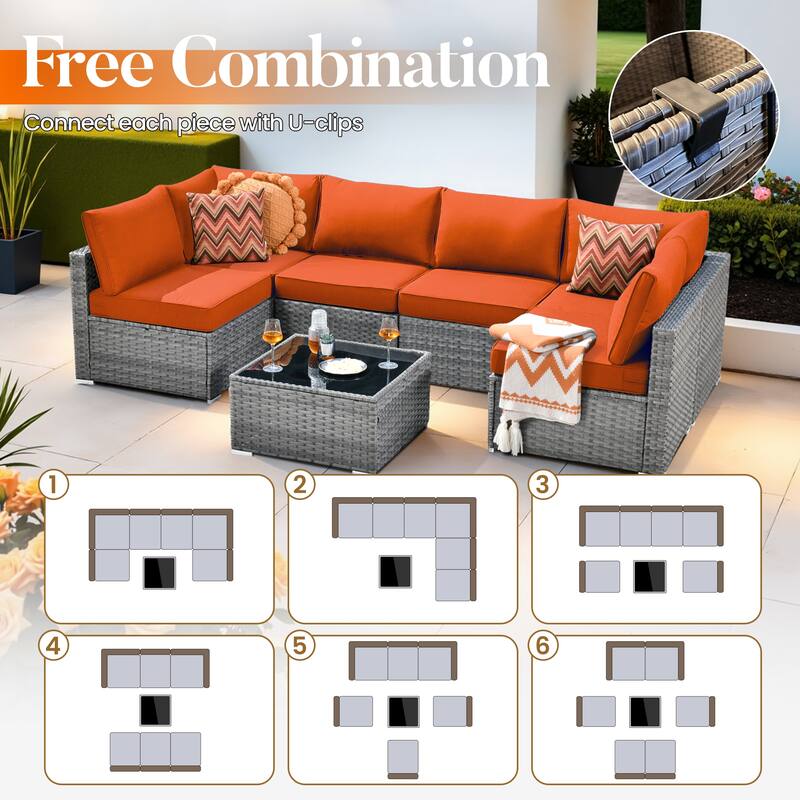 HOOOWOOO 8-piece Grey Wicker Patio Furniture Set Sectional Sofa with Fire Pit Table