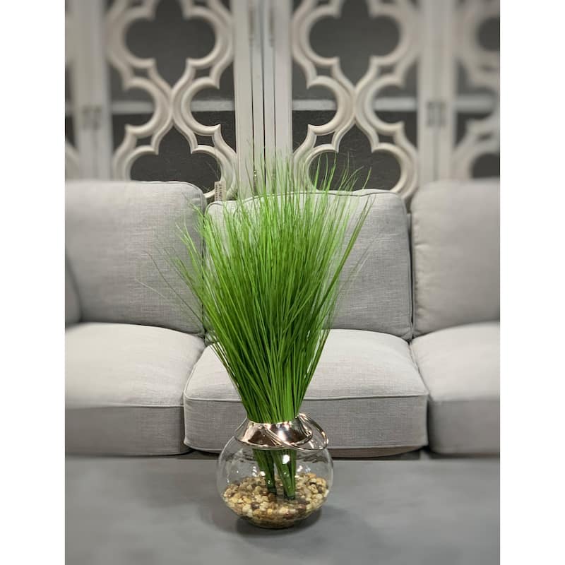Organic Modern Green Grass in Round Glass Vase with Rocks and Acrylic Water
