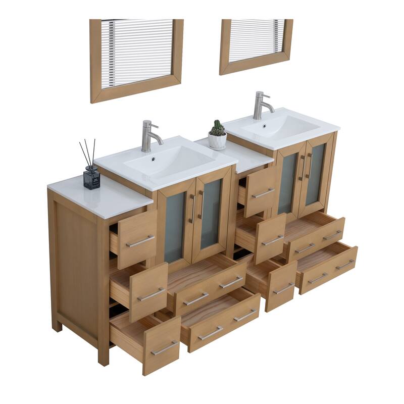 Vanity Art 72 in. Double Sink Bathroom Vanity with Top and Mirrors - 72 X 18.1 X 35.8