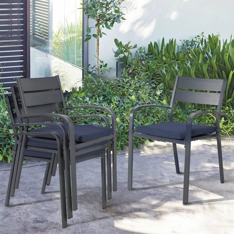 Outdoor Stackable Aluminum Dining Chair with Cushion (Set of 4) - DarkGrey/Navy