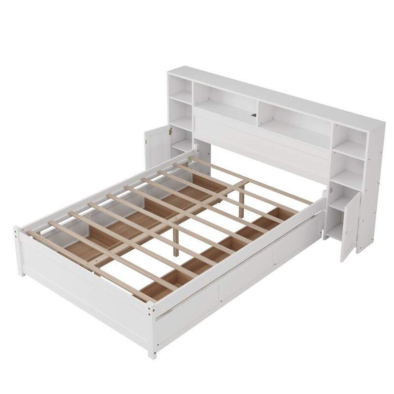 Twin/Full Size Platform Bed with 6 Storage Drawers and Tall Extended Bookcase Headboard, Wooden Storage Bed w/ Charging Station