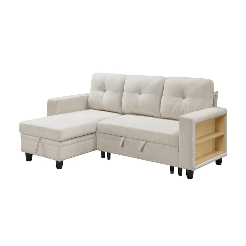 Hazel Boucle Sectional Sofa - Reversible Chaise, Pull-out Bed, Shelves