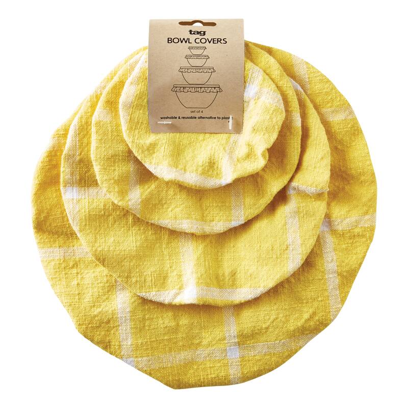 Classic Check Yellow Bowl Covers Set of 4 - Cotton Kitchen Textiles for Food Storage, Dishwasher Safe, Everyday Use