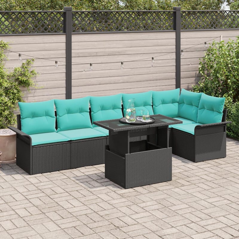 vidaXL 7 Garden Sofa Set with Cushions Black/Brown/Grey Poly Rattan - 92.1 x 52.2 x 27.2 - Black