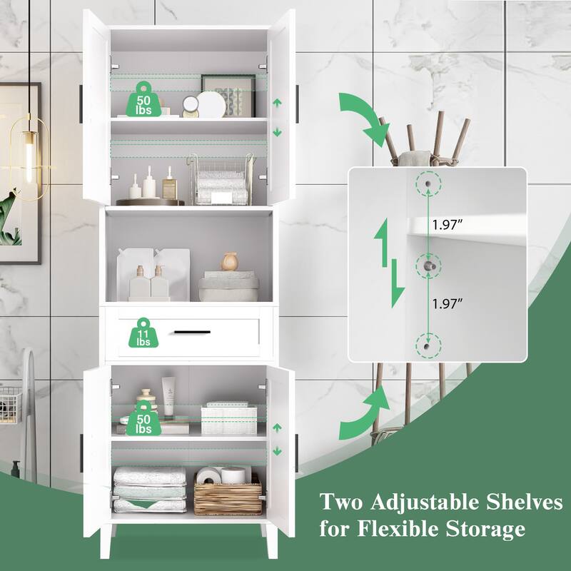 70.9" High Freestanding Tall Bathroom Cabinet with a Drawer, 2 Cabinets, 4 Soft-Close Doors, 2 Adjustable Shelves, Open Storage