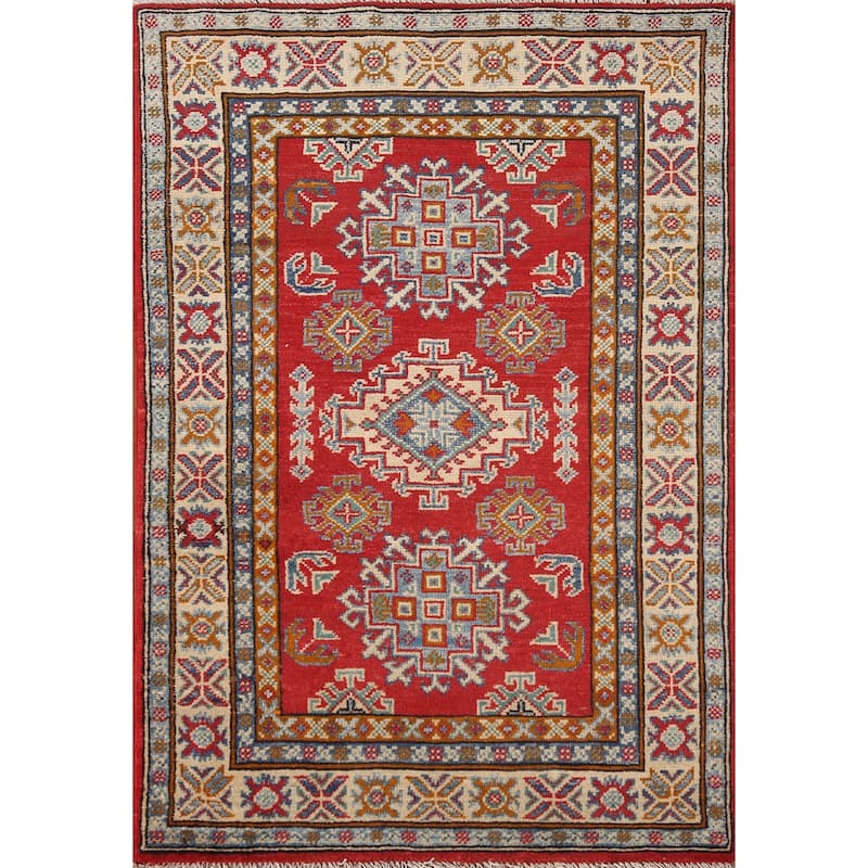 Kazak Oriental Accent Rug Hand-Knotted Red Geometric Wool Carpet - 2'8"x 4'1"