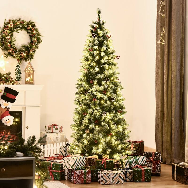 Snow-Flocked Artificial Christmas Tree with LED Lights, Pine Cones & Red Berries, 6ft, 7.5ft, 9ft