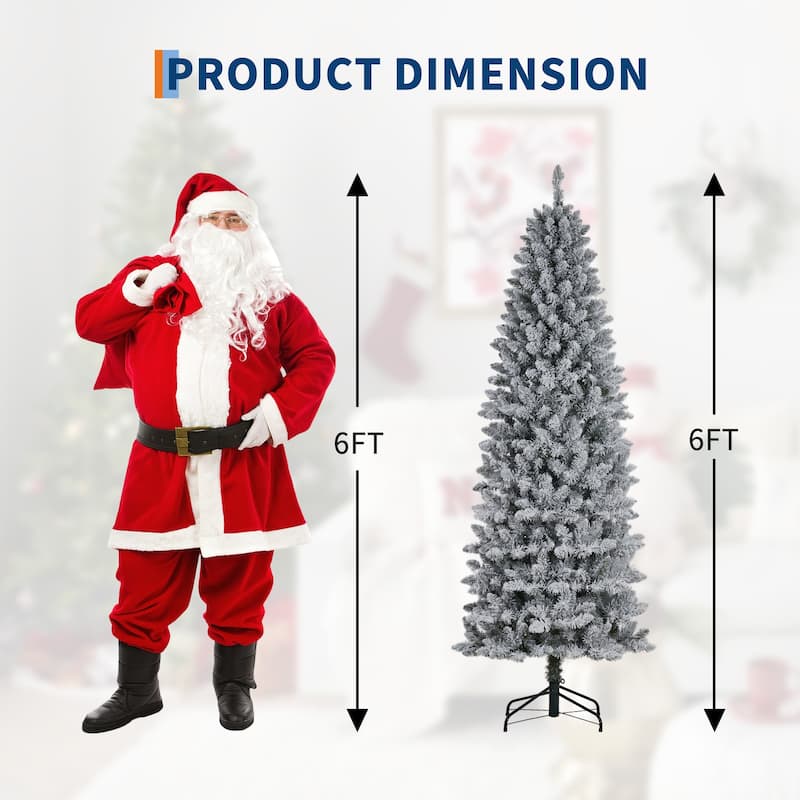 6ft Prelit Flocked Pencil Christmas Tree with Lights, Slim Artificial Xmas Tree with Snowy Branch