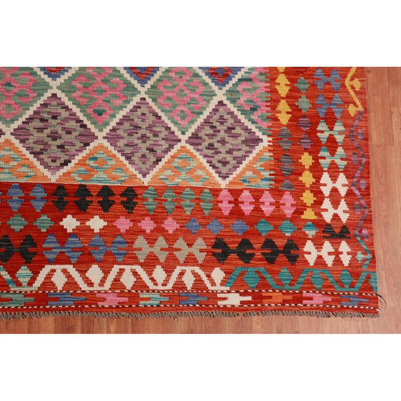 All-Over Trellis Kilim Oriental Large Rug Hand-Woven Wool Carpet - 10'8"x 12'11"