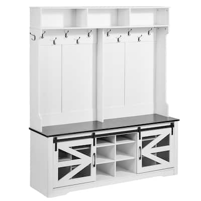 59 Inch Hall Tree Bench with LED Light Coat Rack and Shoe Storage - 59.28” x 16.44” x 67.8”