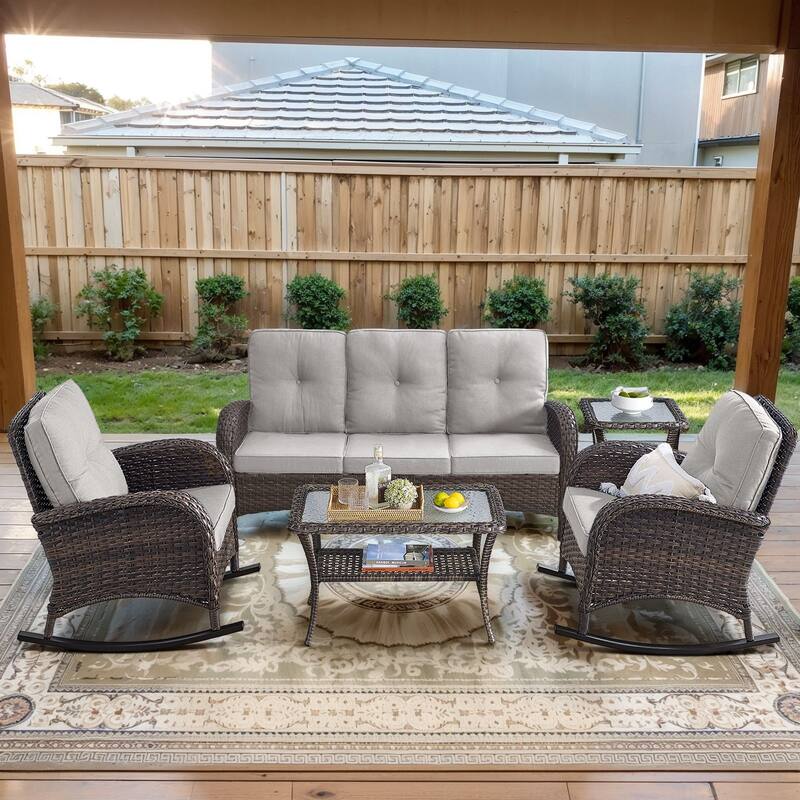 Gymojoy Outdoor Wicker Patio Furniture Sofa Set - Luxurious Comfort, Weather-Resistant - 5-Piece - Sofa & Rocking Chairs - Brown Wicker / Beige Cusion