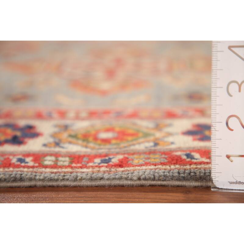 Geometric Kazak Accent Rug Hand-Knotted Grey Wool Carpet - 2'8"x 4'2"
