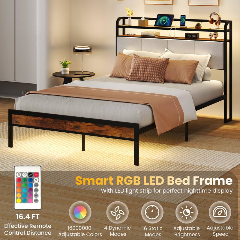 Bed Frame with LED Lights Charging Ports and Storage Headboard