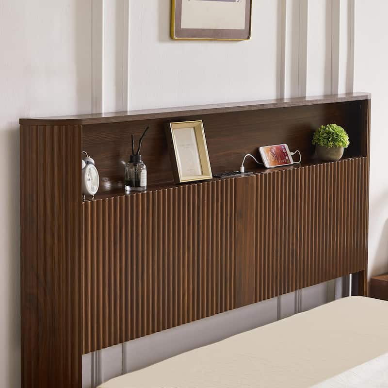 Queen Size Bed Frame With Storage Headboard, Built-In Charging Station, Wavy Curved Lines Design, Silent Operation