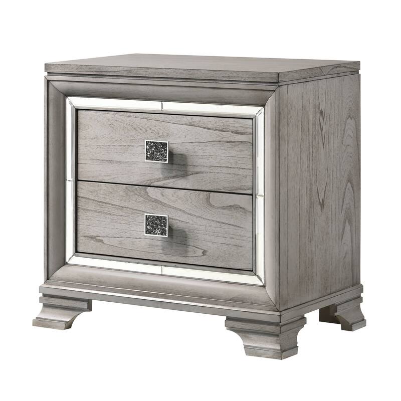 Contemporary Light Gray Brown Nightstand, 2 Drawers, Mirrored Accents, Solid Wood