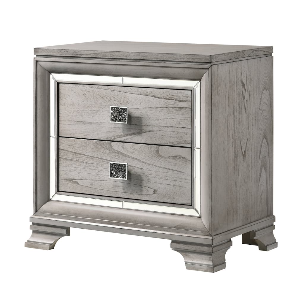 Contemporary Light Gray Brown Nightstand, 2 Drawers, Mirrored Accents, Solid Wood