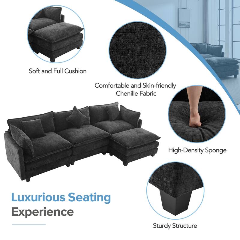 112.2" L-Shape Chenille 4 Seat Sectional Sofa with Removable Ottoman and 5 Plush Pillows, Modern Luxury Couch