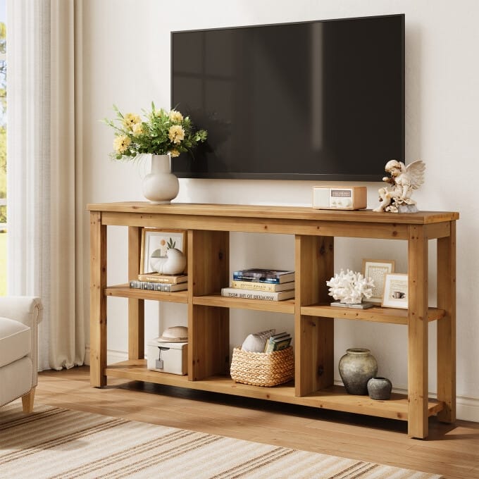 63-Inch Entryway Table with Adjustable Shelf, Solid Wood Console Table