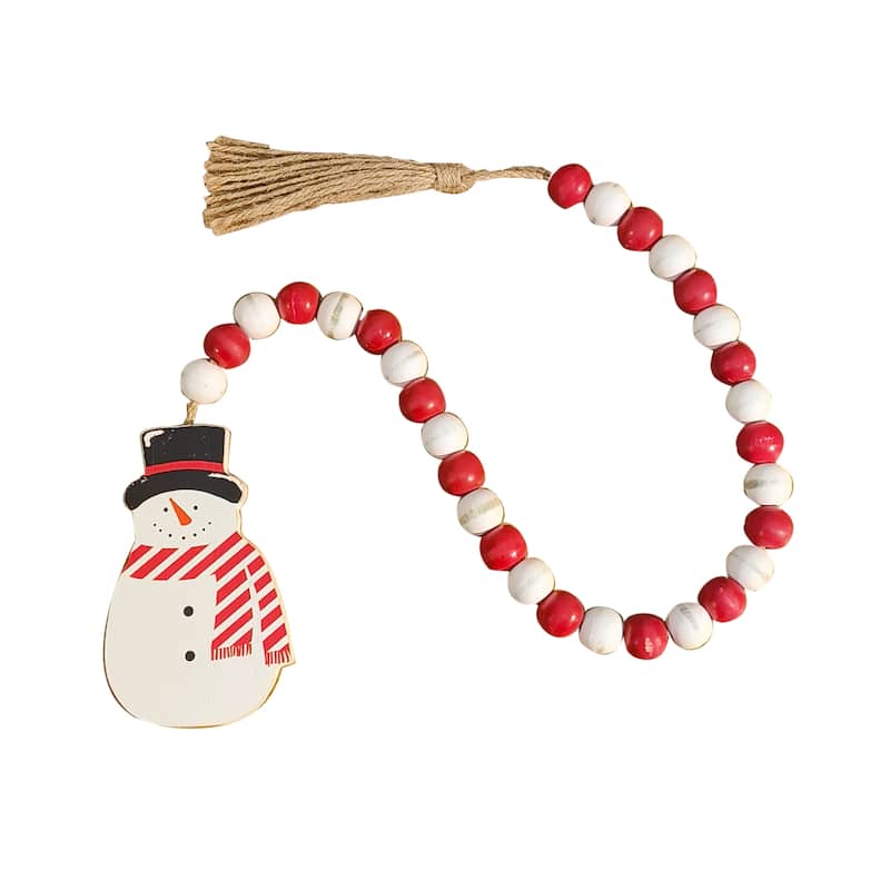 Snowman Winter Decor Wood Bead Garland with Tassels, Farmhouse Garland