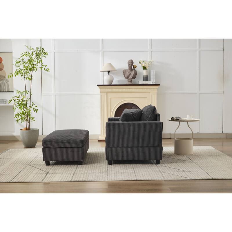 Chaise Lounge Chair with Removable Ottoman, Modern Accent Armchair Corduroy Sleeper Sofa Chair with Pillows for Living Room