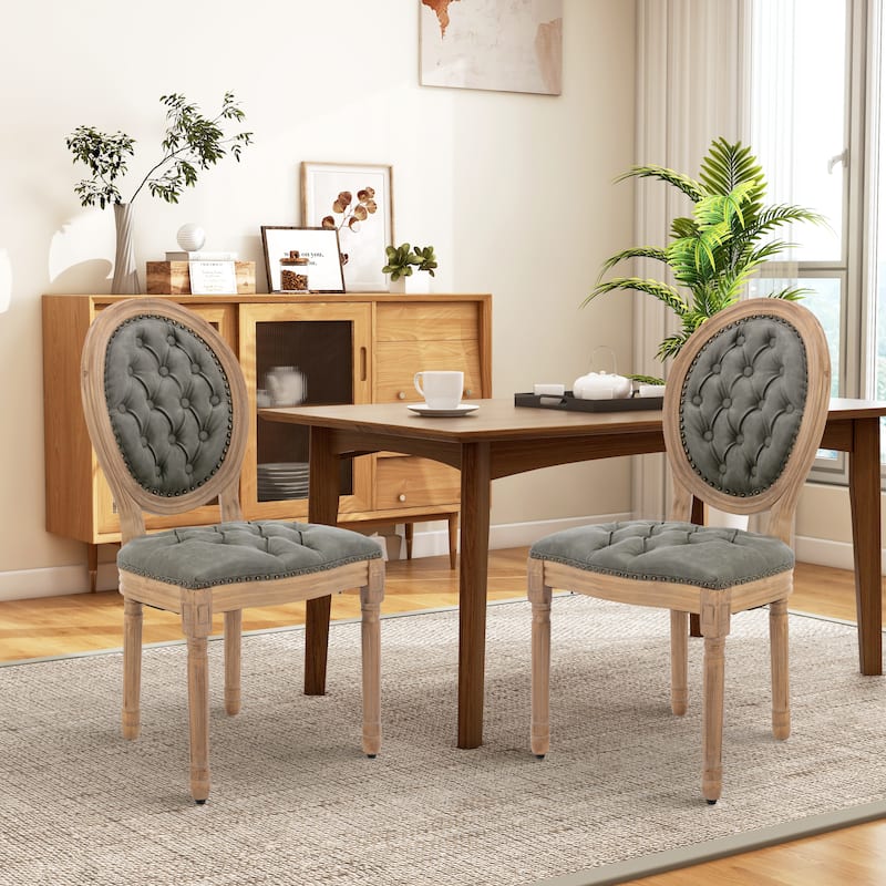 French Country Solid Wood Fabric Dining Chair Set of 2 - Green PU