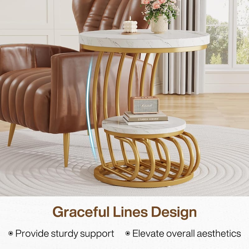 2 Tiers Round End Table with Storage Shelf